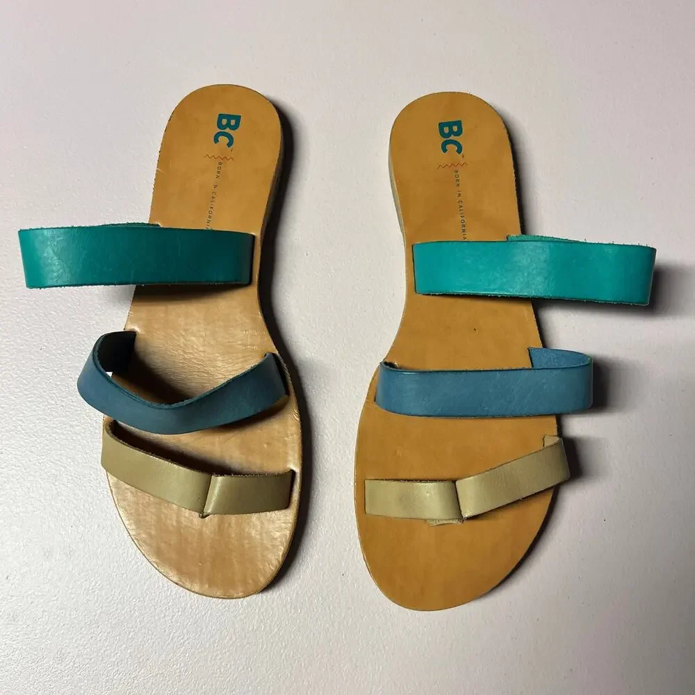 BC Leather Strappy Colorful Slides Sandals Womens 9 Beachy Boho Chic Minimalist